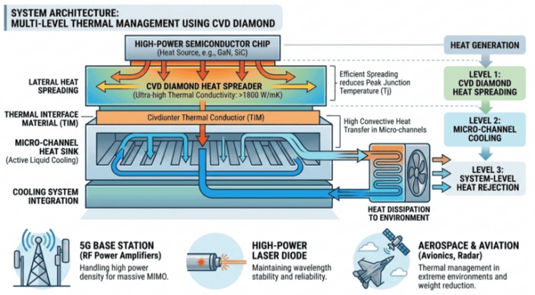 System architecture Employs multi-stage thermal management using CVD diamond